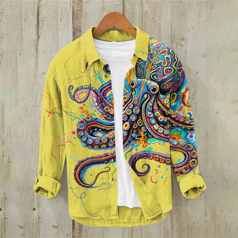 Vintage Rainbow Octopus Print Casual Long Sleeve Lapel Shirt - Yellow - 5XL - image 7