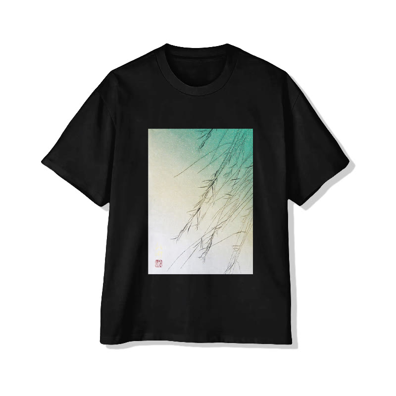 Unisex Oriental Willow Branch Art Print Short Sleeved Crew Neck T-Shirt - Black - 2XL - image 4