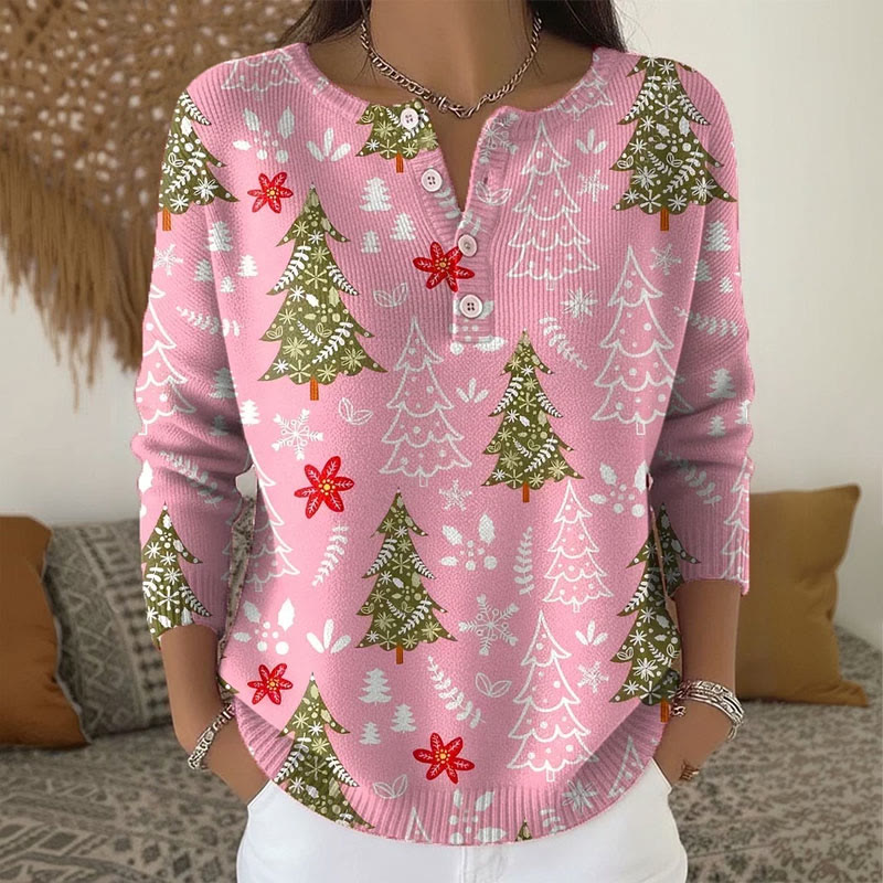 Women's Christmas Tree Print Button Sweater - Pink - 5XL - image 4
