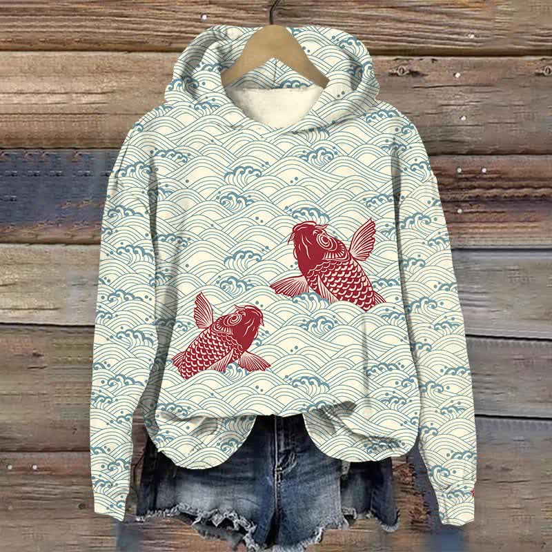 Japanese Cute Koi In Ocean Wave Pattern Print Long Sleeve Hoodie - Light Blue - US44-46(8XL) - image 3