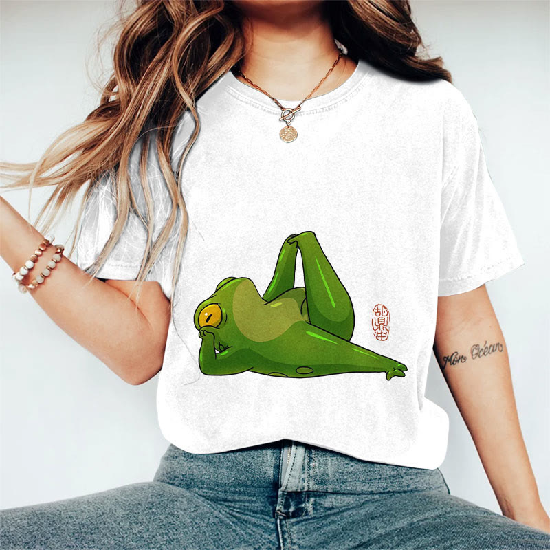 100% Cotton Frog Doing Yoga Art Print Casual T-shirt - White - 2XL - image 3