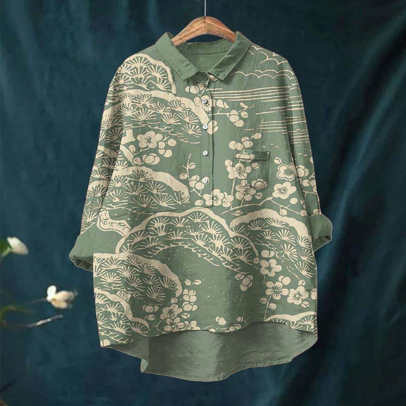 Women's Japanese Art Plum Blossom Print Casual Lapel Blouse