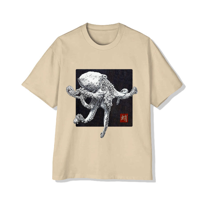 Unisex Japanese Sketch Style Octopus Art Pattern Cotton Print T-shirt - Apricot - US20-22(3XL) - image 4