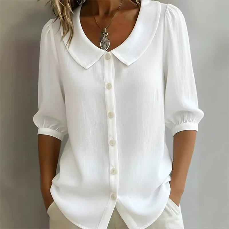 Elegant Solid Collared Button-up Half-sleeve Blouse - White - 3XL - image 3