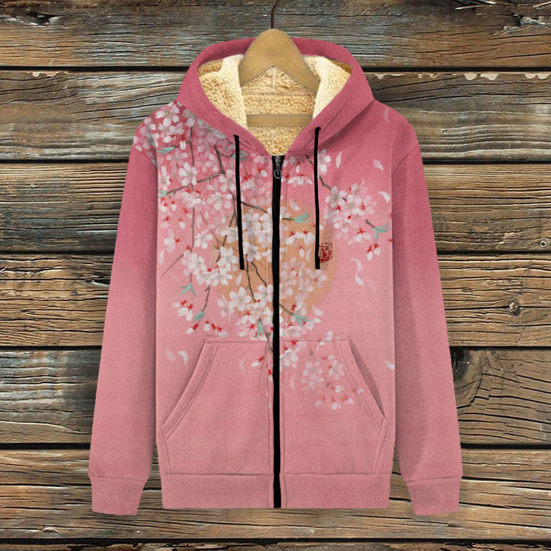 Cherry Blossom Full Moon Japanese Art Gradient Print Fleece Jacket - Pink - 4XL - image 1