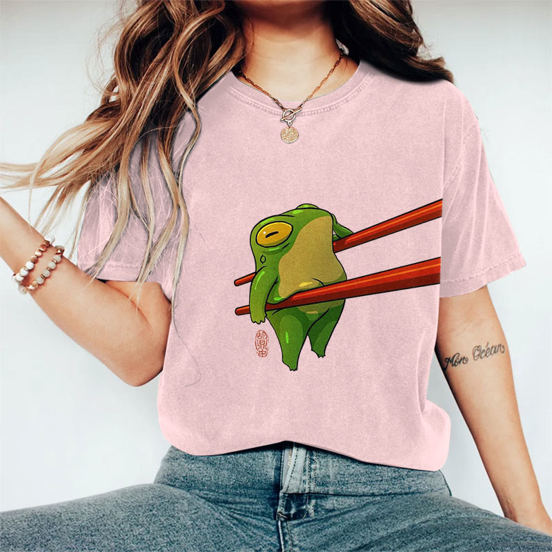 100% Cotton Funny Chopsticks Frog Art Print Casual T-shirt - Pink - 2XL - image 7
