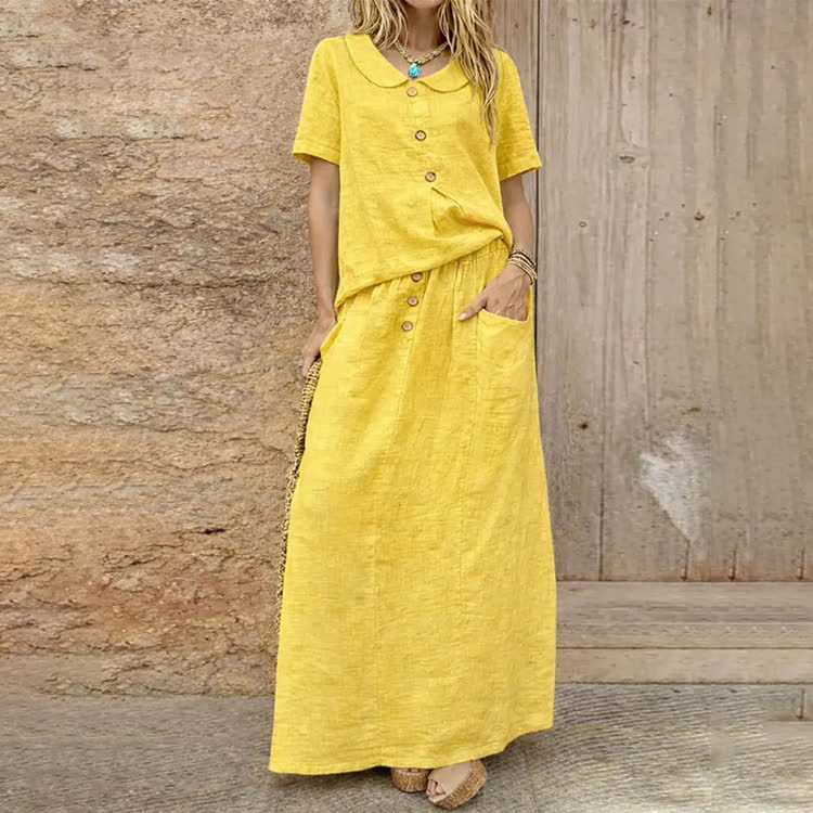Elegant Solid Buttons Short Sleeve Peter Pan Collar Blouse & Solid Pocket Buttons Skirt Set - Yellow - 3XL - image 8