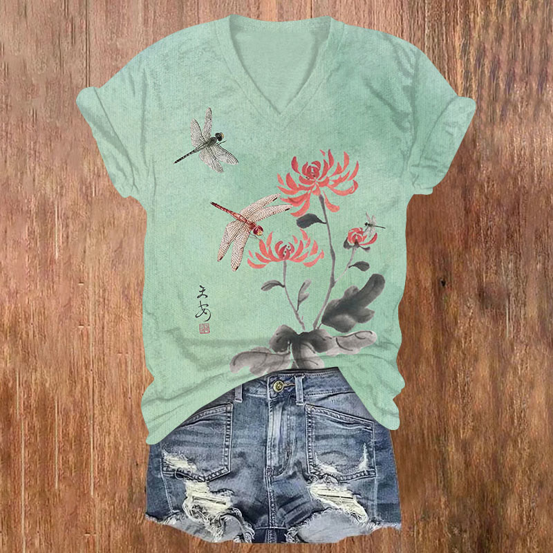 Japanese Vintage Dragonfly & Flowers Art Print T-shirt - Green - US32-34(5XL) - image 2