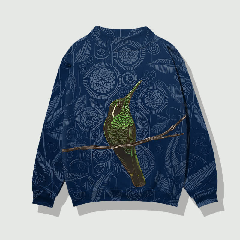 Vintage Geometric Flowers And Birds Pattern Print Mock Neck Sweatshirt - Navy Blue - 4XL - image 3