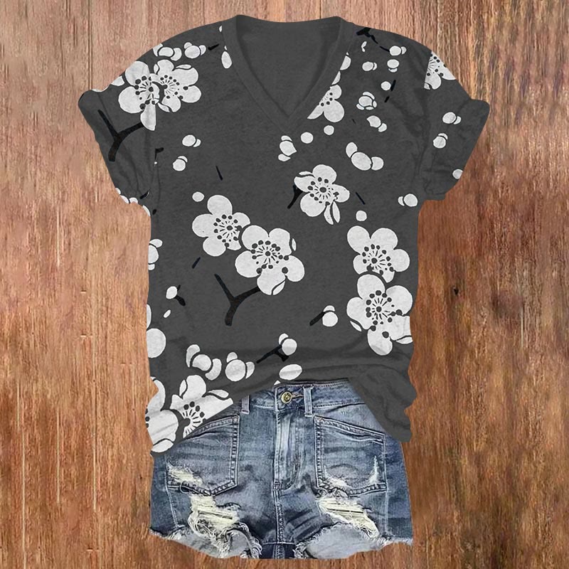 Plum Blossom Japanese Art Print V-neck T-shirt - Grey - US32-34(5XL) - image 3