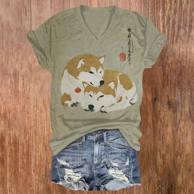 Cute Husky Print Short Sleeved V-neck T-shirt - Olive Green - US32-34(5XL) - image 1