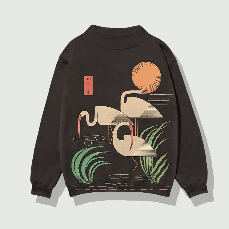 Japanese Minimalist Three Cranes Pattern Print Mock Neck Sweatshirt - Black - 4XL - image 4