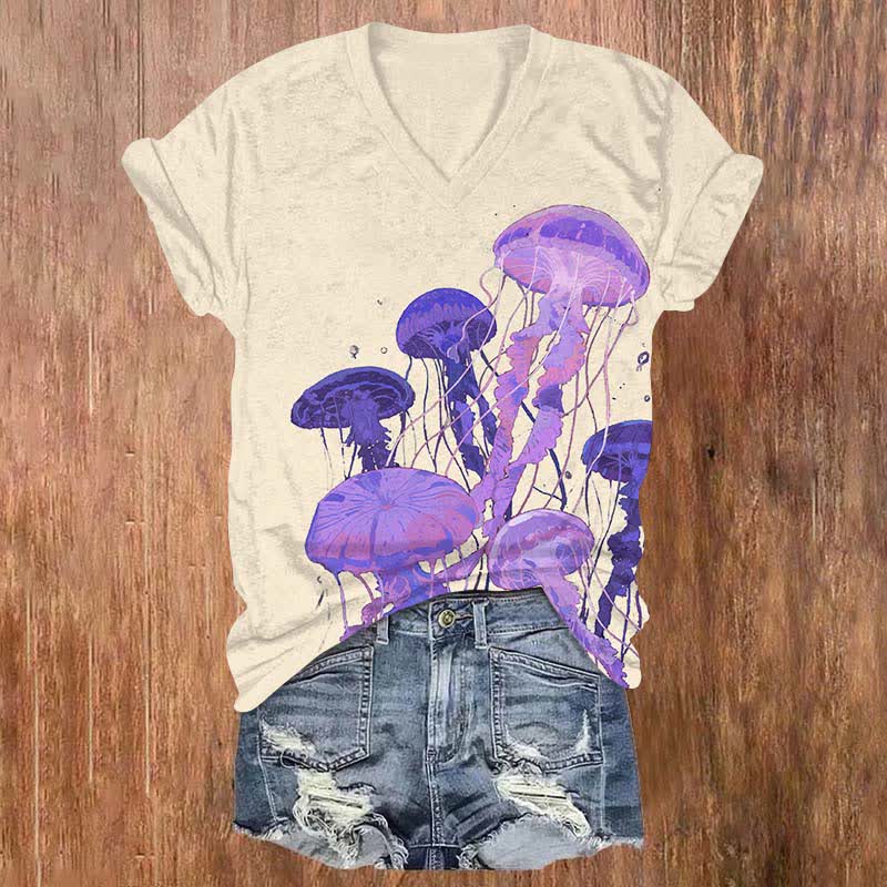 Oil Painting Fantasy Octopus Art Print V-neck T-shirt - Beige - US32-34(5XL) - image 3