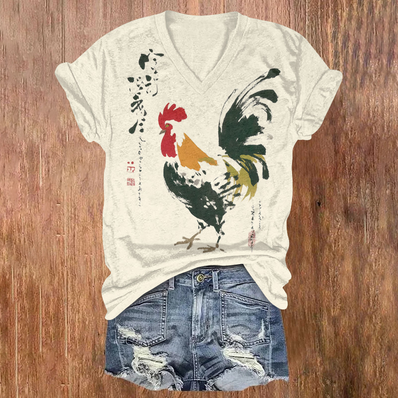 Japanese Art Rooster Print Short Sleeved V-neck T-shirt - Apricot - US32-34(5XL) - image 1