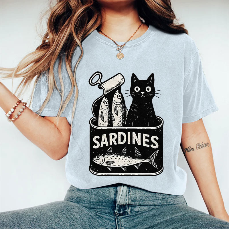 100% Cotton Women's Lovely Canned Sardines & Black Cat Art Print Casual T-shirt - Blue - 2XL - image 9