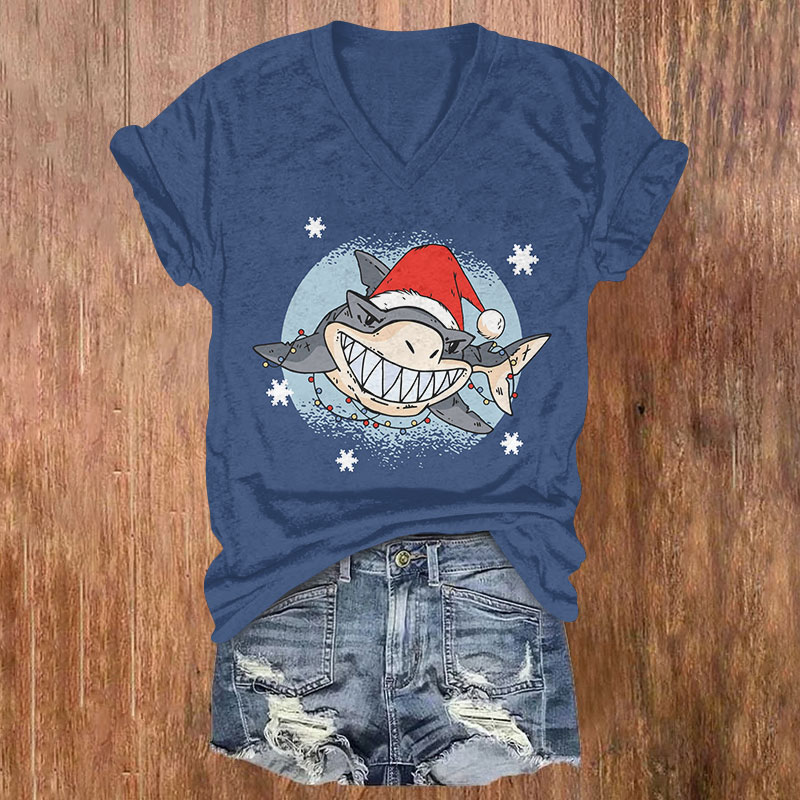 Shark Wearing Santa Hat Christmas Print V-neck T-shirt - Blue - US32-34(5XL) - image 3