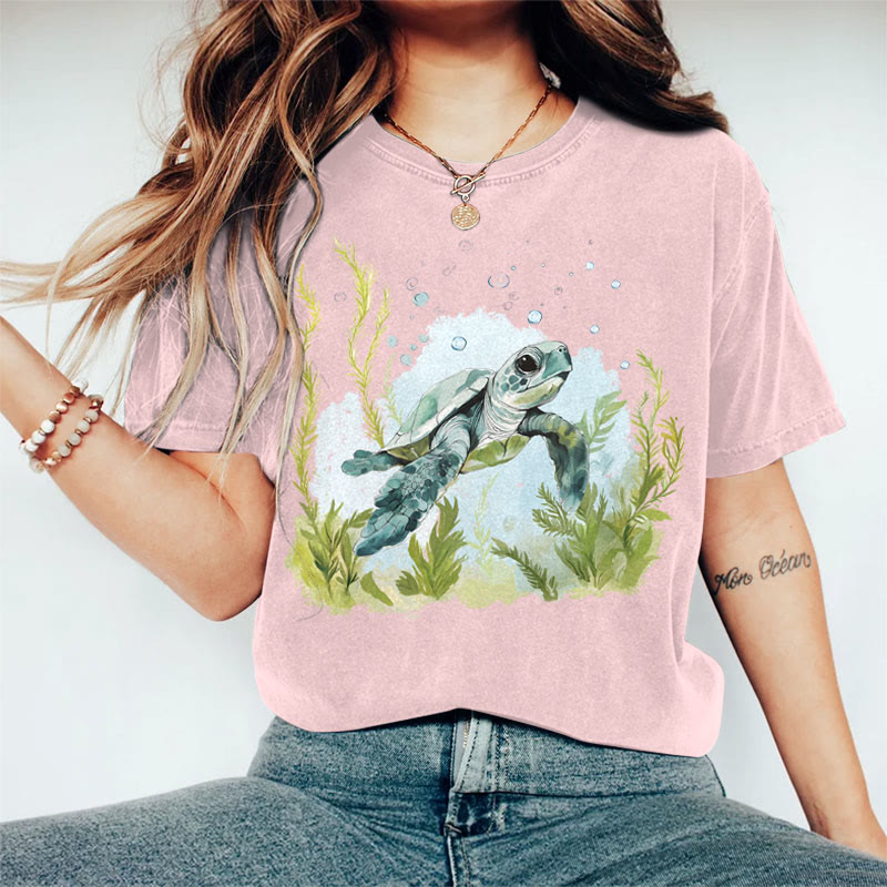 100% Cotton Women's Japanese Bubble Sea Turtle Art Print Casual T-shirt - Pink - 2XL - image 3