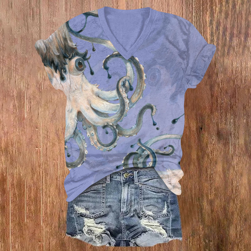 Plush Ink Octopus Art Pattern Print Short Sleeved V-neck T-shirt - Light Purple - US32-34(5XL) - image 3