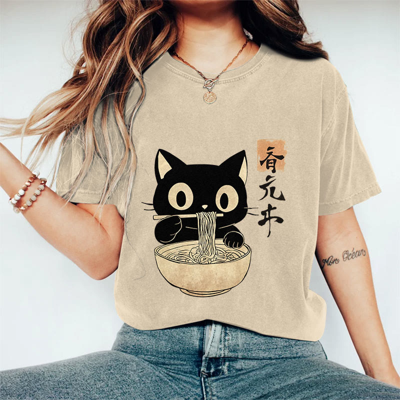 100% Cotton 	 Vintage Japanese Cute Cat Eating Ramen Art Print T-shirt - Apricot - US16-18(2XL) - image 4