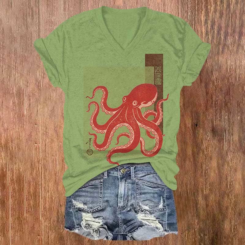 Japanese Cute Red Octopus Art Print V-neck T-shirt - Green - US32-34(5XL) - image 3
