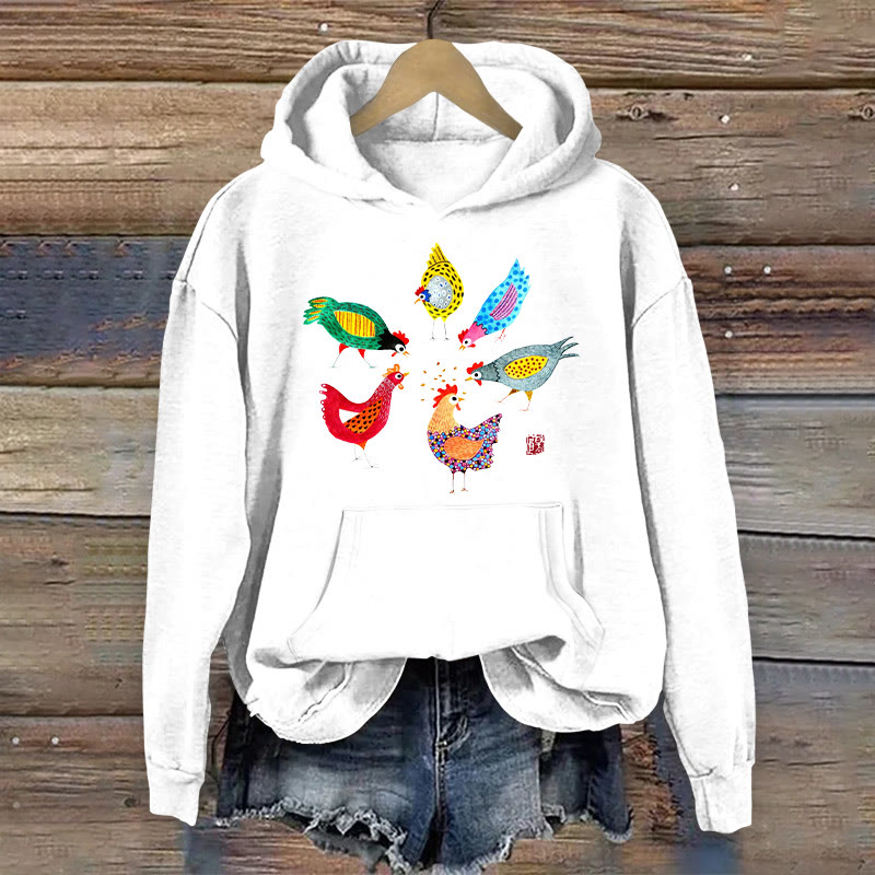 100% Cotton Watercolor Chicken Print Women's Hoodie - White - 2XL - image 4