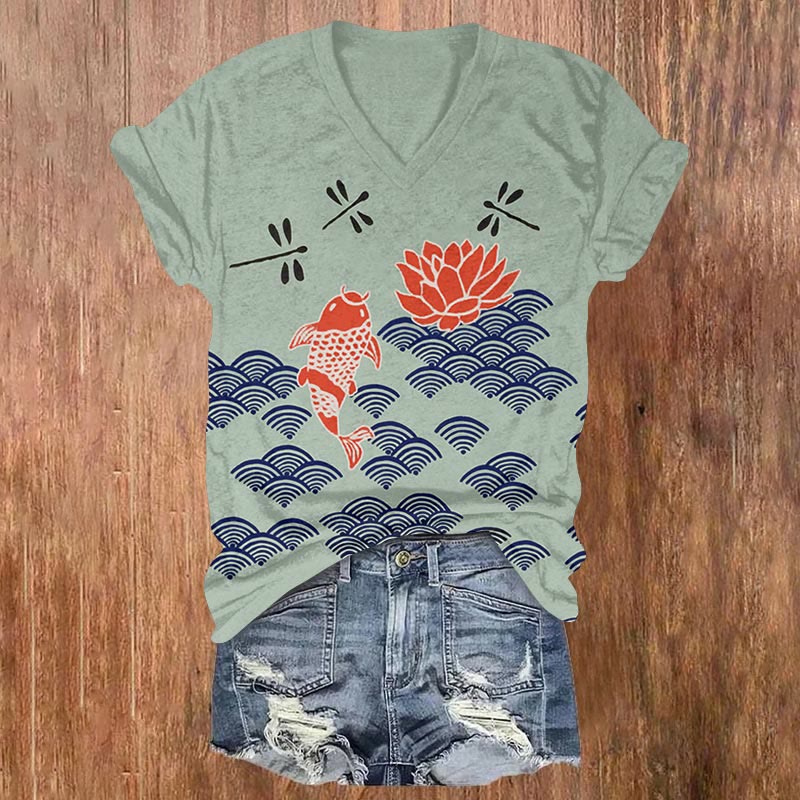 Japanese Style Koi Fish Dragonfly Wave Art Print V-neck T-shirt