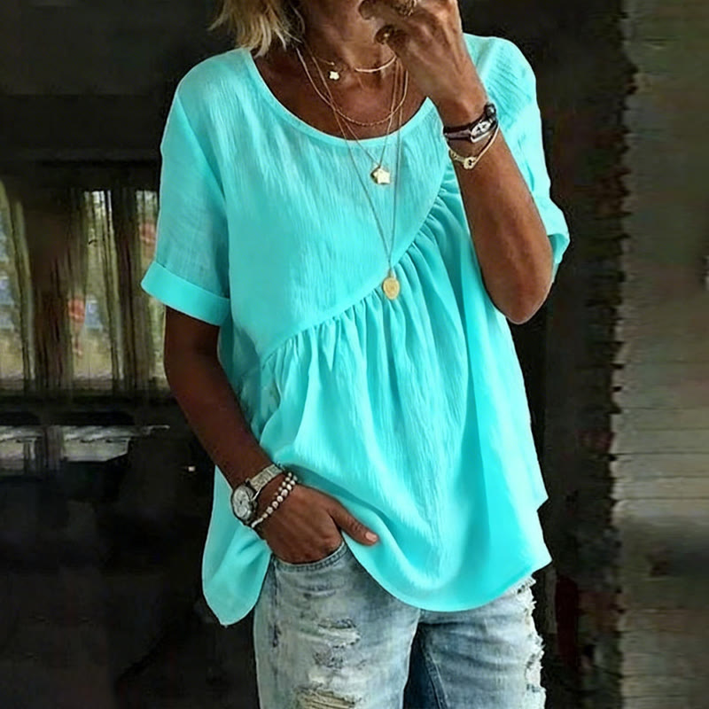  Elegant Solid Irregular Cut Ruffled Hem Round Neck Short-sleeve Blouse - Light Blue - 3XL - image 4