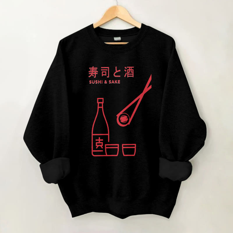 100% Cotton Sushi And Sake Pattern Print Round Neck Casual Fleece Sweatshirt - Black - 2XL - image 3