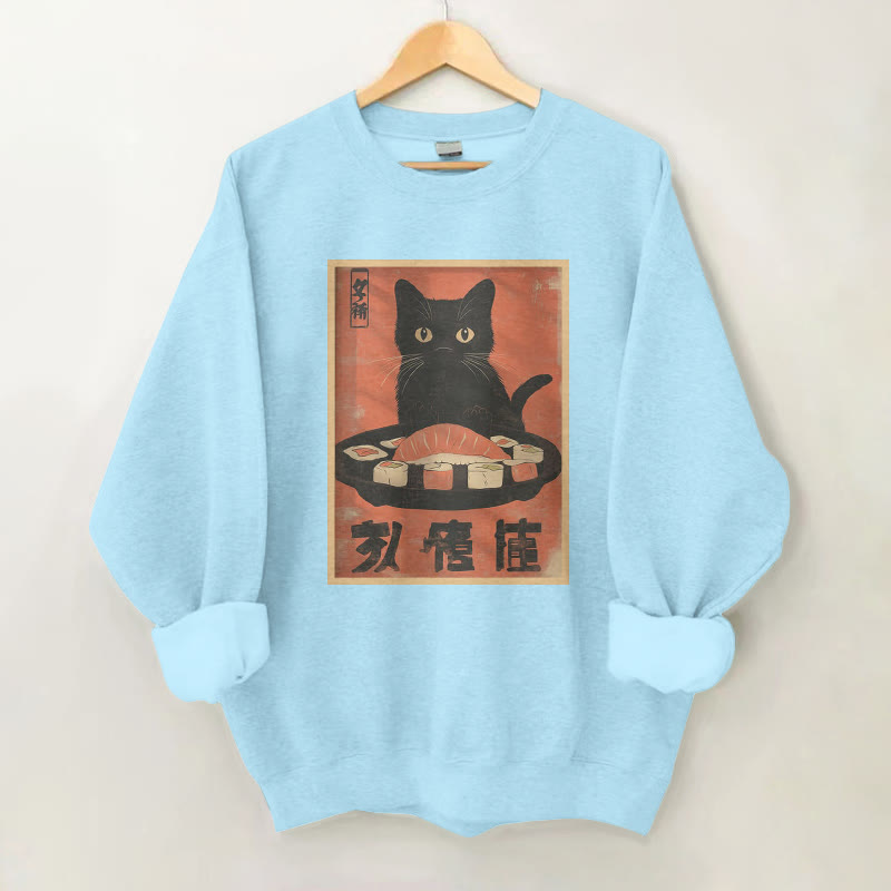 100% Cotton Vintage Cat Sushi Plate Print Round Neck Casual Fleece Sweatshirt - Blue - 2XL - image 3