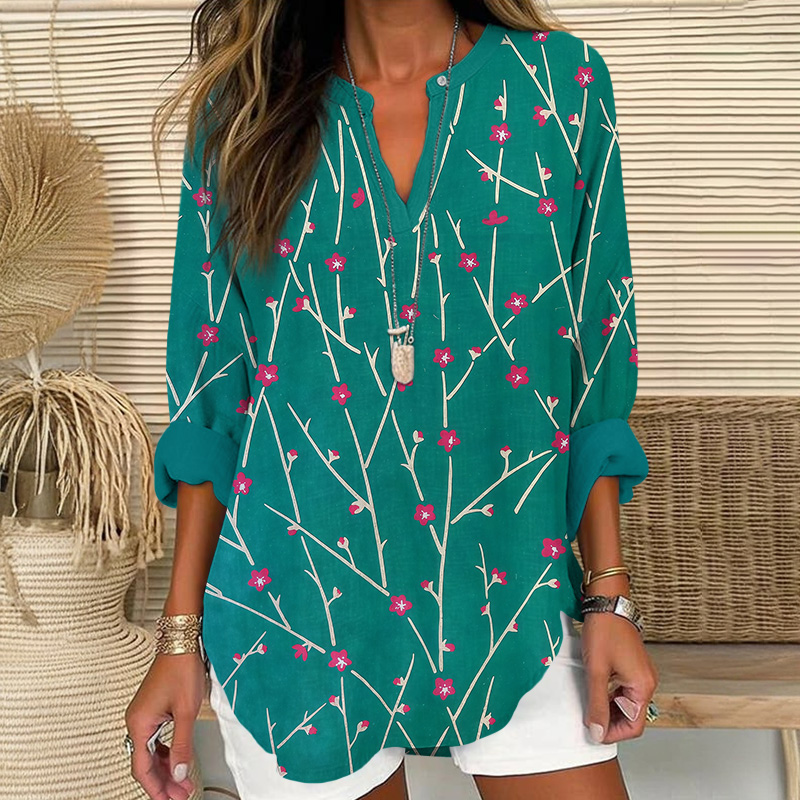 Japanese Chiyogami Sakura Art Print V Neck Long Sleeve Blouse - Green - 8XL - image 1