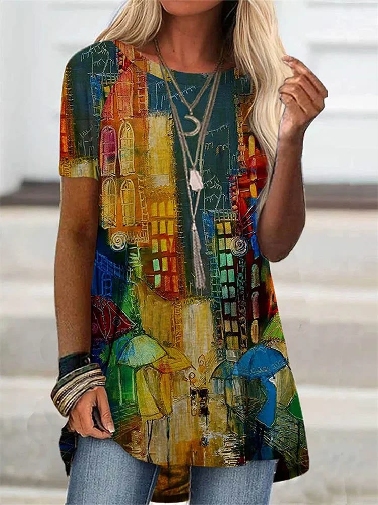 Women's Rain Street Painting Short Sleeve Tunic Top - Multicolor - 8XL - image 1