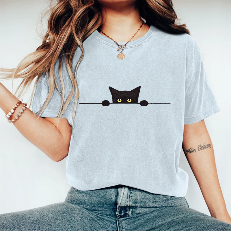 100% Cotton Women's Casual Black Cat Print Casual T-shirt - Blue - 2XL - image 7
