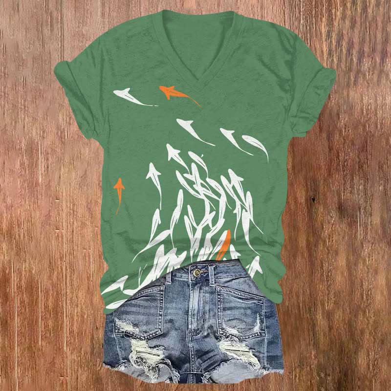 Vintage Abstract Whale Shark Art Print V-neck T-shirt - Green - US32-34(5XL) - image 2