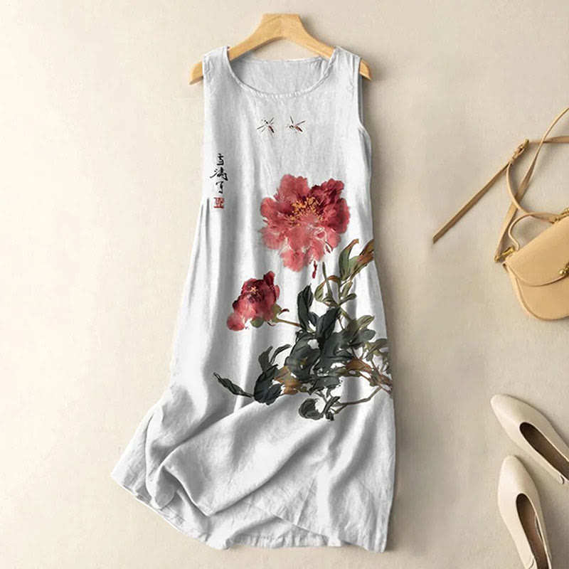 Vintage Japanese Ink Flower Calligraphy Art Print Sleeveless Midi Dress - Light Gray - 5XL - image 4