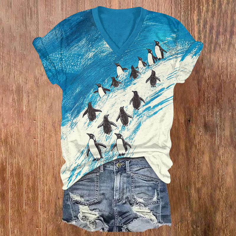 Oil Painting Lovely Penguin Print v-neck T-Shirt - Blue - US32-34(5XL) - image 2