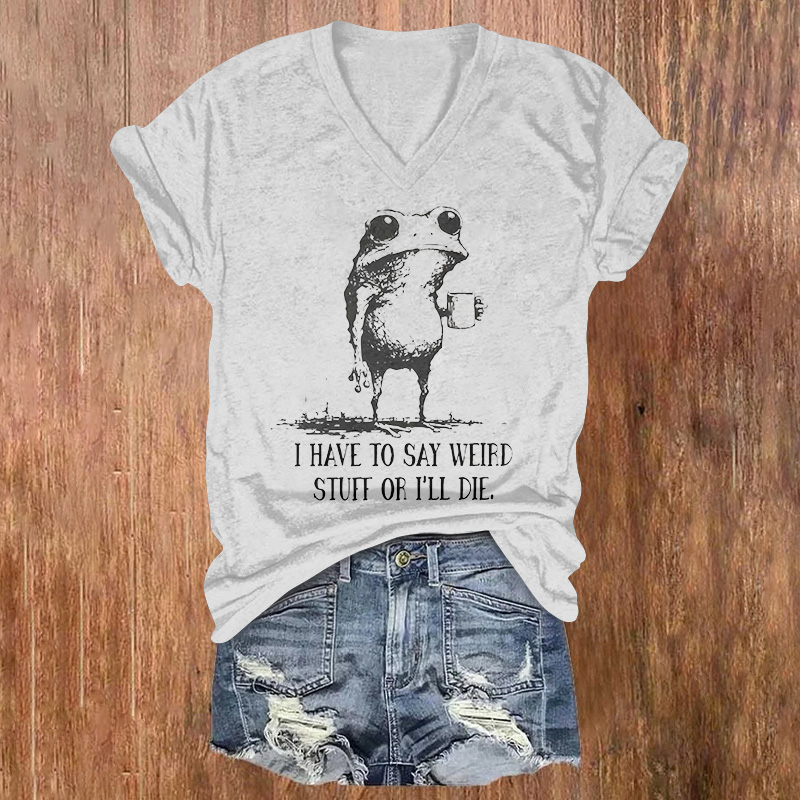 A Whimsical Frog Holding A Cup Printed Short Sleeved V-neck T-shirt - Light Gray - US32-34(5XL) - image 1