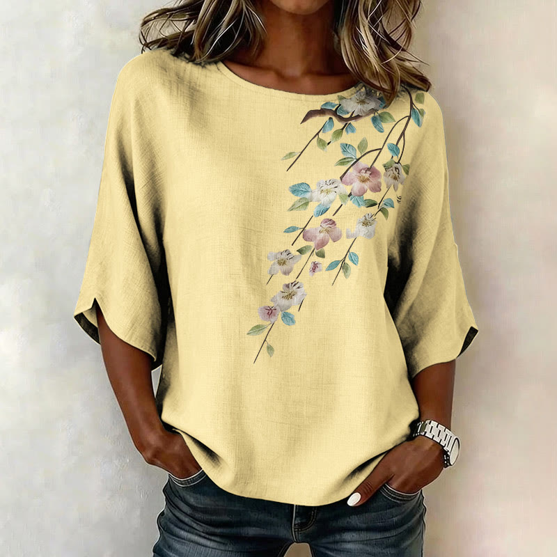 Floral Branch Print Half Sleeve Casual Blouse - Yellow - 4XL - image 4