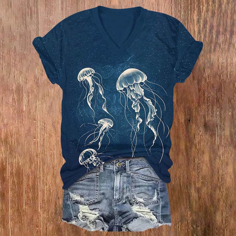 Mysterious Luminous Jellyfish Art T-shirt - Blue - US32-34(5XL) - image 2