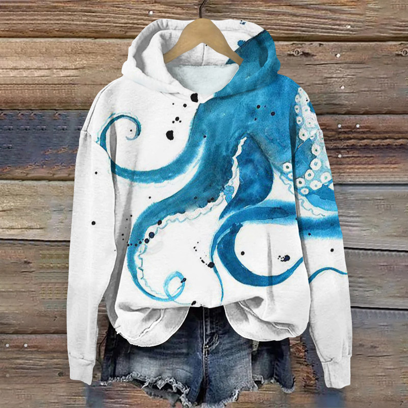 Japanese Abstract Octopus Print Long Sleeve Hoodie - White - 8XL - image 1