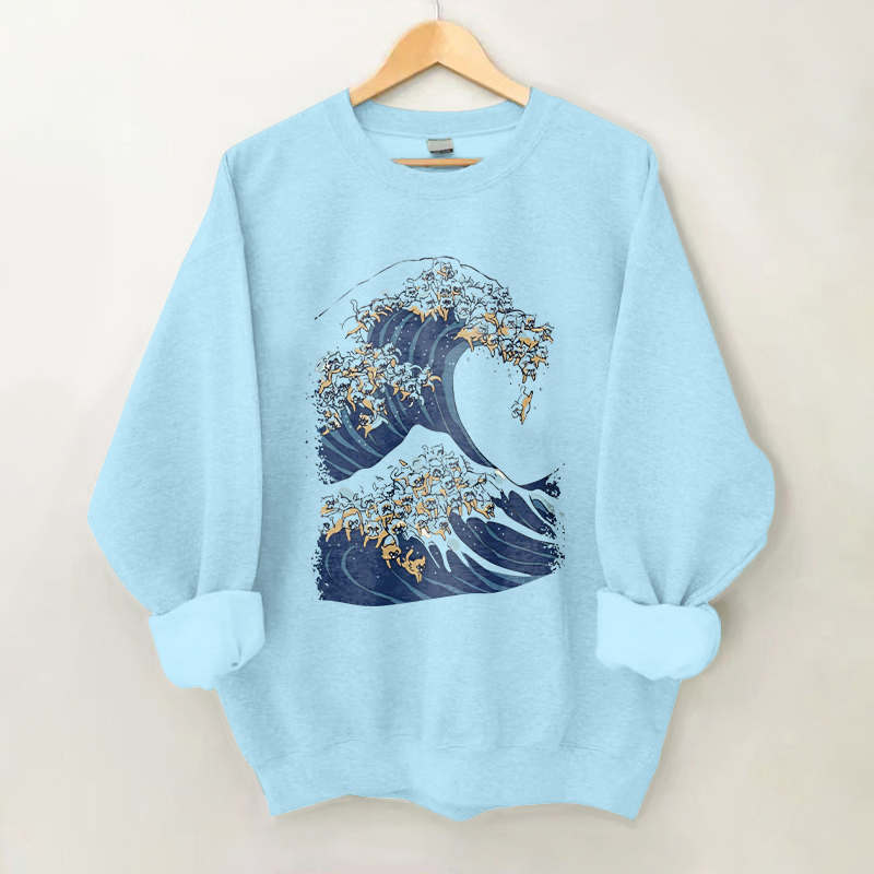 100% Cotton Abstract Ocean Waves And Cat Print Crew Neck Sweatshirt - Blue - 2XL - image 4
