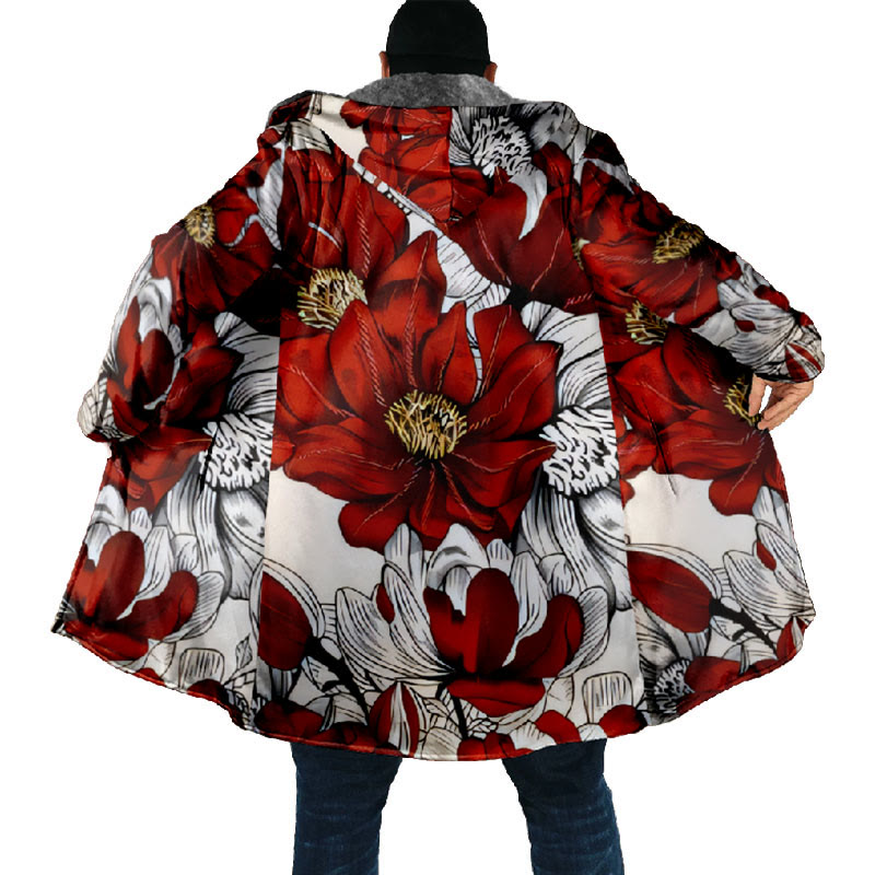Retro Vivid Red Floral Art Print Unisex Plush Thick Long-sleeved Fleece Jacket Coat - image 4