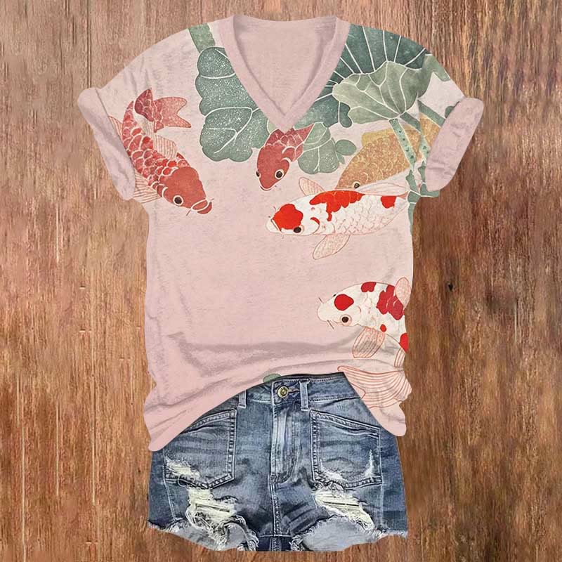 Funny Koi Fish Lotus Pond Art Print V-neck T-shirt - Pink - US32-34(5XL) - image 3