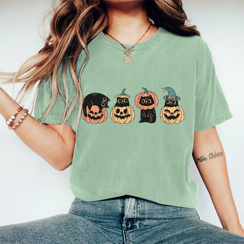 100% Cotton Halloween Funny Black Kitten & Pumpkin Art Print T-shirt - Green - 2XL - image 10