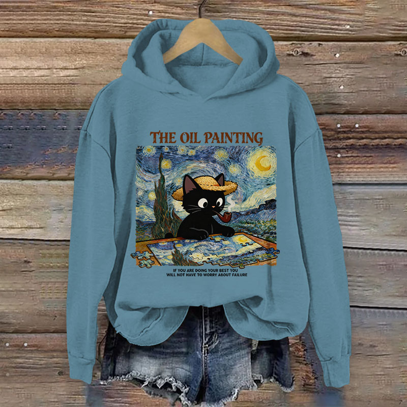 The Oil Painting Black Cat Pattern Art Print Long Sleeve Hoodie - Blue - US44-46(8XL) - image 4