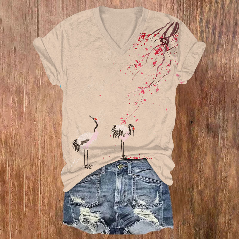 Japanese Crane Under Sakura Tree Art T-shirt - Apricot - US32-34(5XL) - image 3