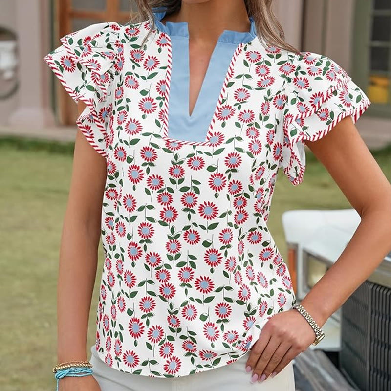 Pastoral Floral Print V-neck Ruffled-sleeve Babydoll Top - Sky Blue - US20-22(2XL) - image 7