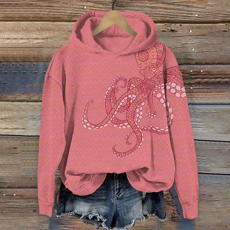 Octopus Print Long Sleeve Hoodie - Dark Pink - US44-46(8XL) - image 3