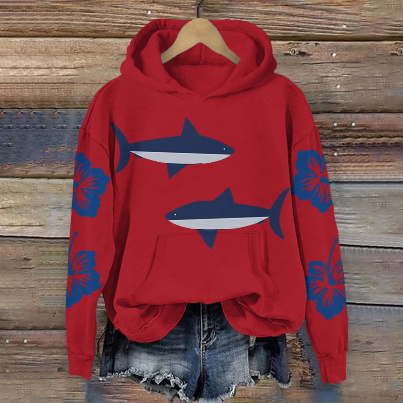 100% Cotton Shark And Dahlia Print Hoodie - Red - 2XL - image 7