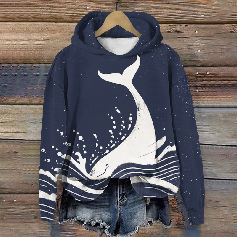 Japanese Art Shark Print Long Sleeve Hoodie - Navy Blue - 8XL - image 1