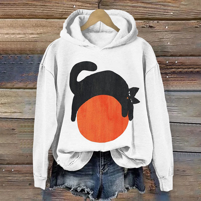 Women's Funny Black Cat Hugging Sun Ar Tprint Long Sleeve Hoodie - White - 8XL - image 2